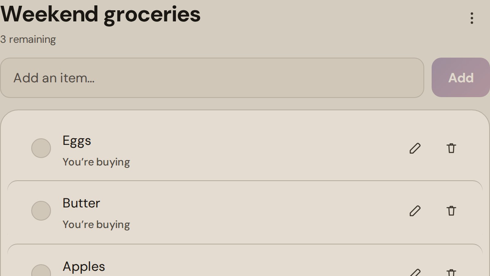 Weekend groceries — Eggs, Butter, and Apples on the shared household list, with who is buying